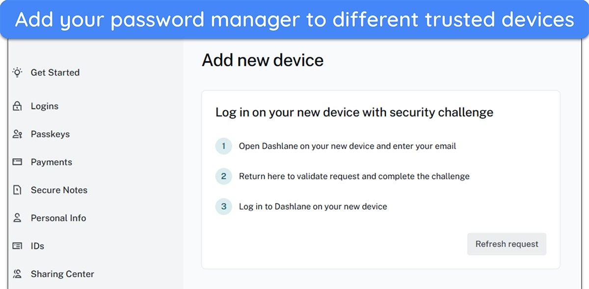 image of Dashlane's password manager, detailing how to add another device to the account.