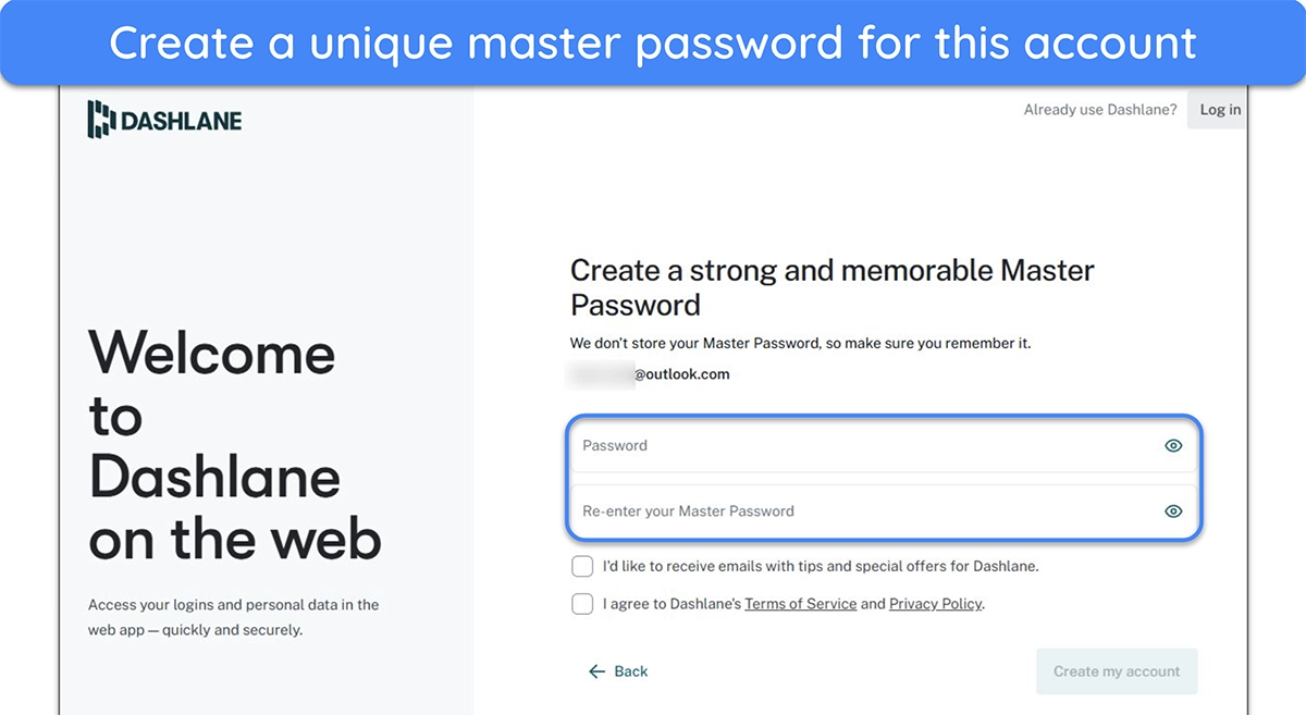 image of Dashlane's prompt to create a secure and memorable master password for an account.