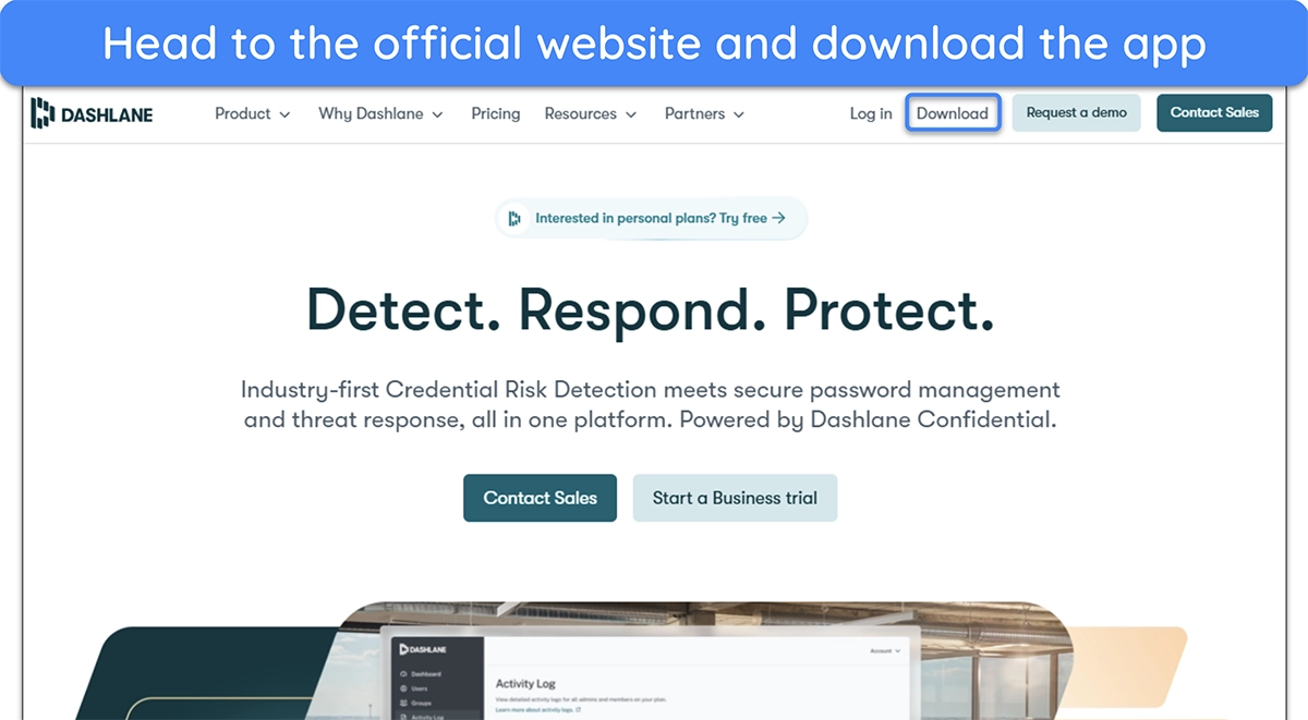 image of Dashlane website homepage with the "Download" button highlighted.