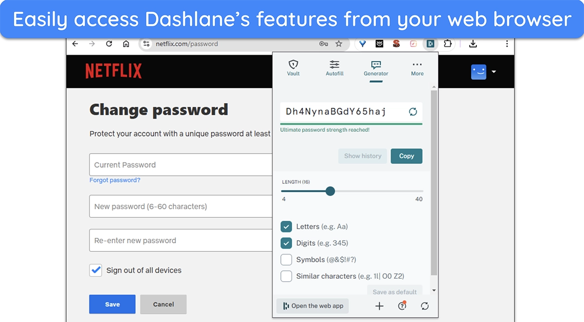 image of Dashlane's browser extension and password generator open in Chrome, ready to change the password for a Netflix account.