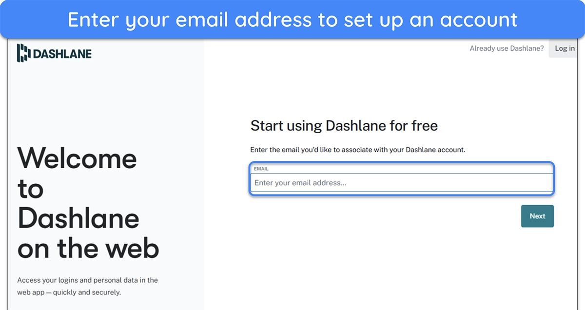 image of Dashlane's web app, highlighting a text box for an email address.