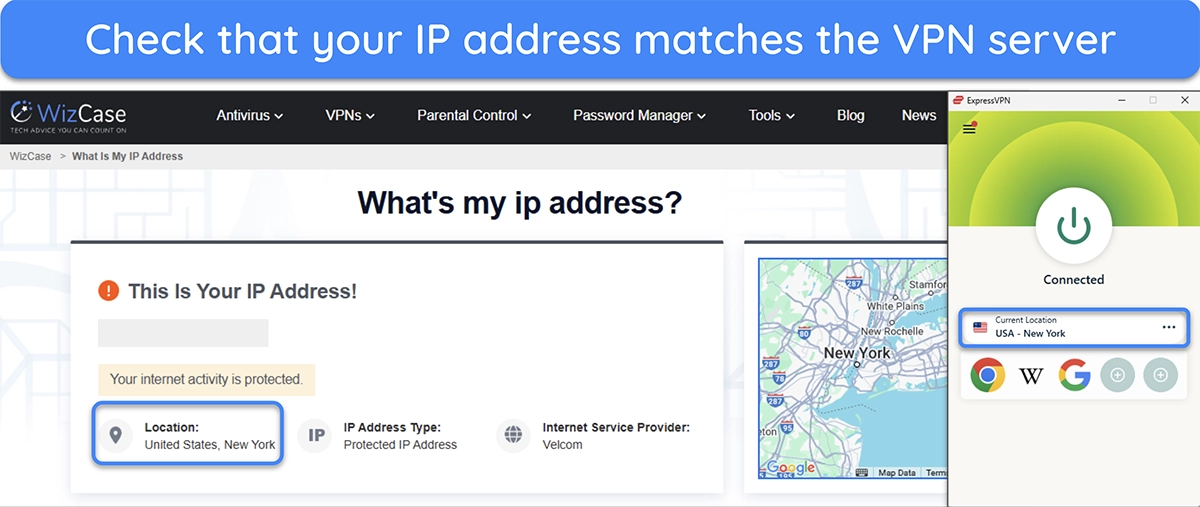 Image of WizCase's IP address checker tool showing a New York location, with ExpressVPN connected to a New York server.