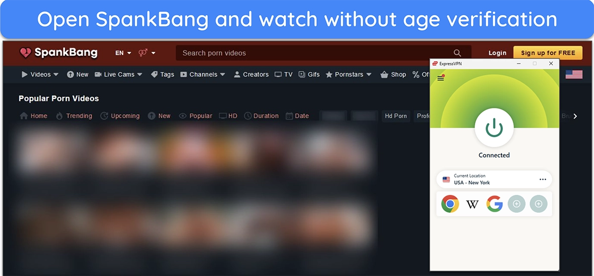 Image of SpankBang's home page, easily accessible, with ExpressVPN connected to a US - New York server.