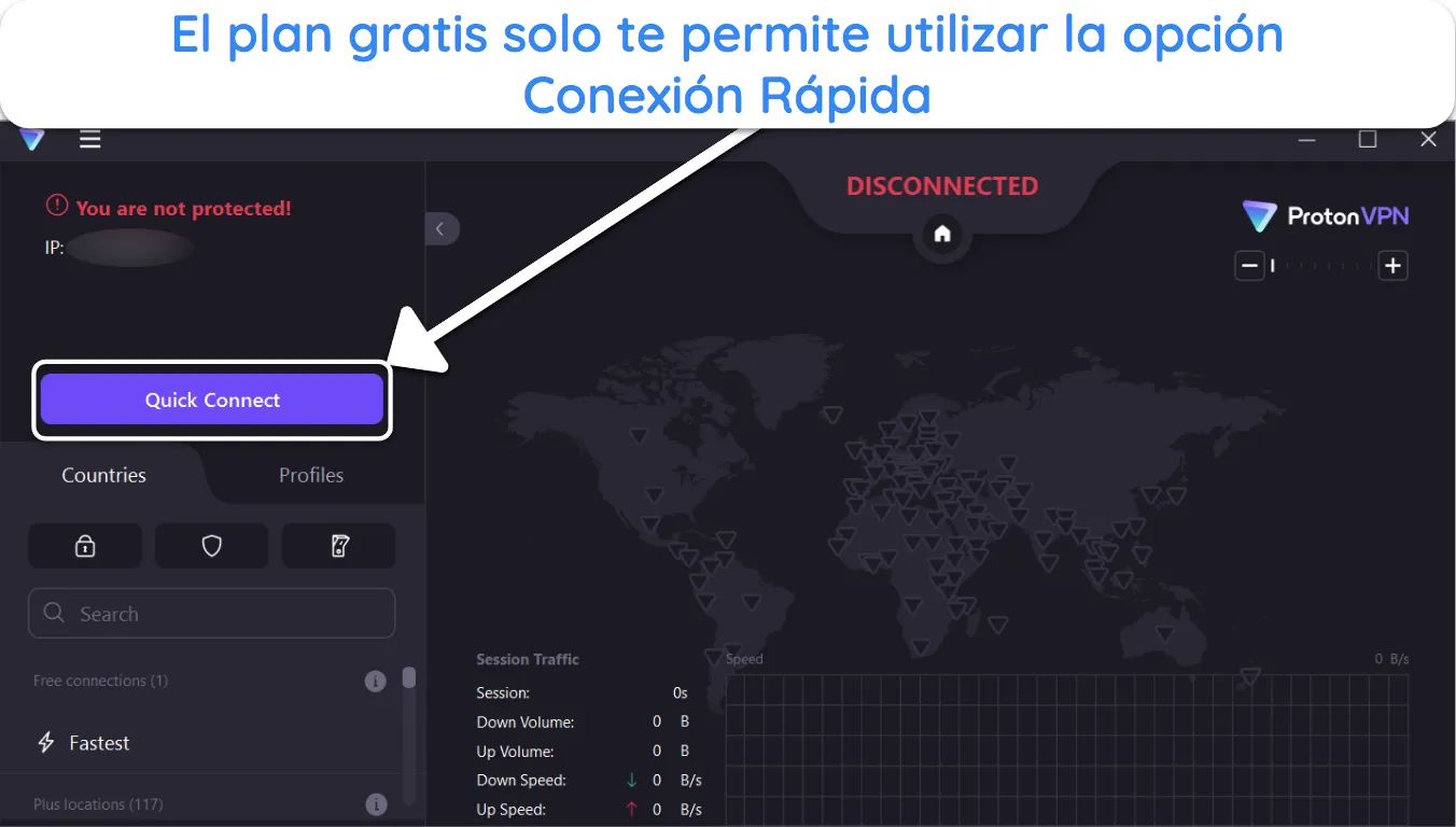 Captura de pantalla que muestra la opci&oacute;n de Conexi&oacute;n r&aacute;pida en la versi&oacute;n gratuita de Proton VPN.