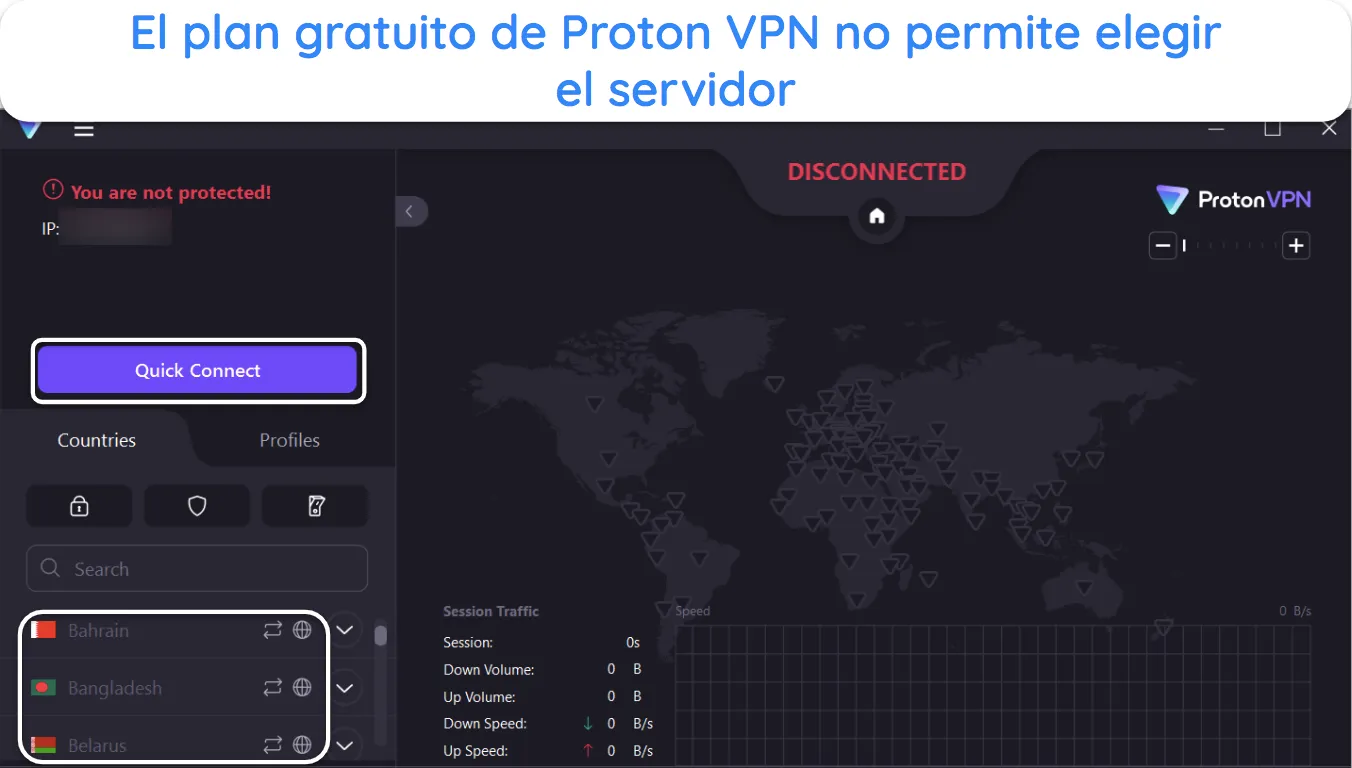 Captura de pantalla que muestra c&oacute;mo no se puede elegir manualmente un servidor cuando se usa el plan gratuito de Proton VPN.