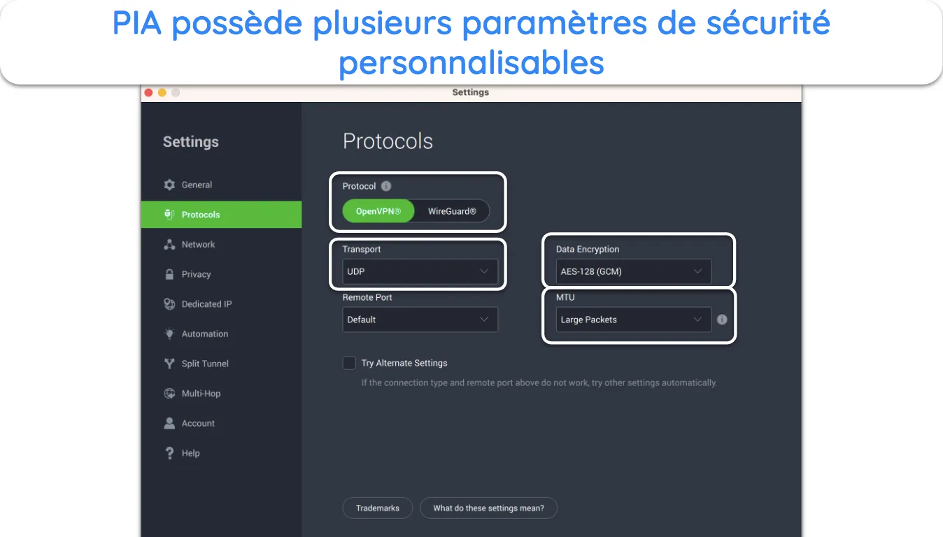 Capture d'&eacute;cran des param&egrave;tres avanc&eacute;s de PIA.