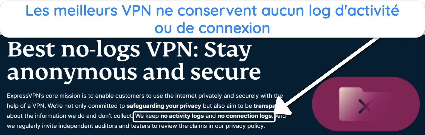 Capture d'&eacute;cran montrant comment ExpressVPN ne conserve aucun journal.
