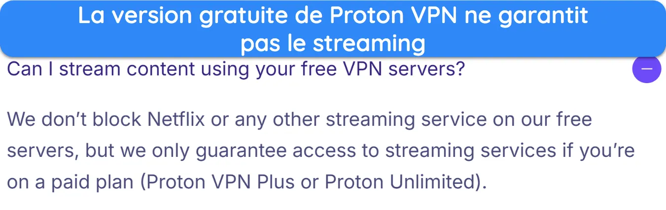 Capture d'&eacute;cran montrant que Proton VPN gratuit n'est pas garanti de fonctionner avec les services de streaming.