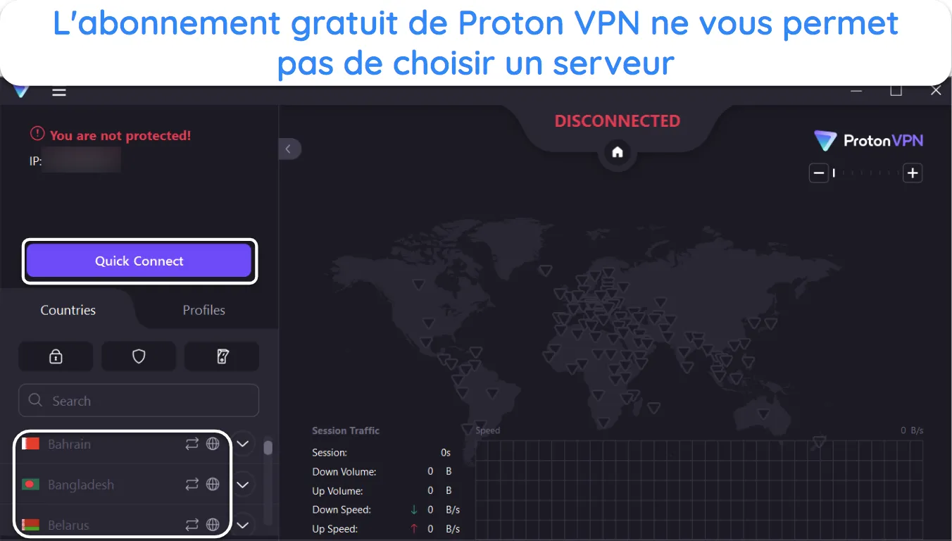 Capture d'&eacute;cran montrant que vous ne pouvez pas choisir manuellement un serveur lorsque vous utilisez le forfait gratuit de Proton VPN.