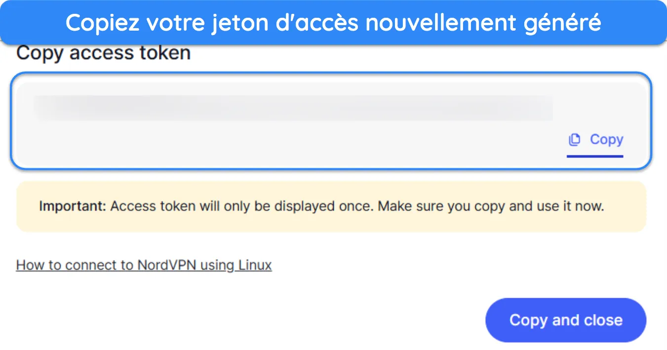 Capture d'&eacute;cran montrant comment copier un nouveau jeton d'acc&egrave;s &agrave; partir du portail Web de NordVPN.