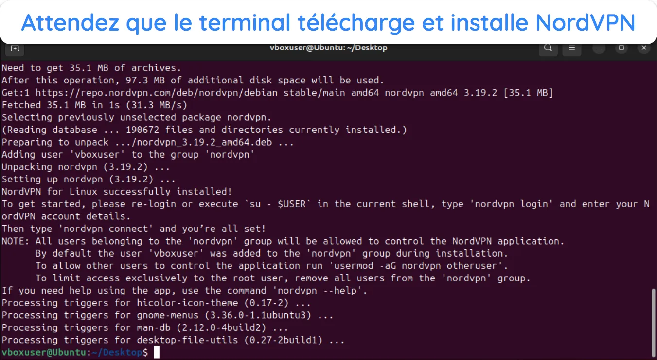 Capture d'&eacute;cran du terminal Linux t&eacute;l&eacute;chargeant et installant NordVPN.