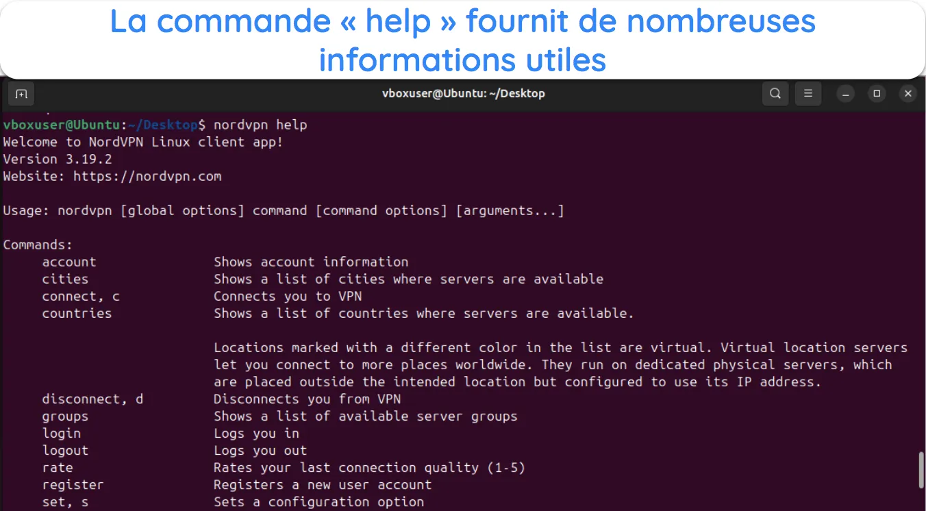 Capture d'&eacute;cran montrant les diff&eacute;rentes commandes de terminal disponibles dans NordVPN pour Linux.