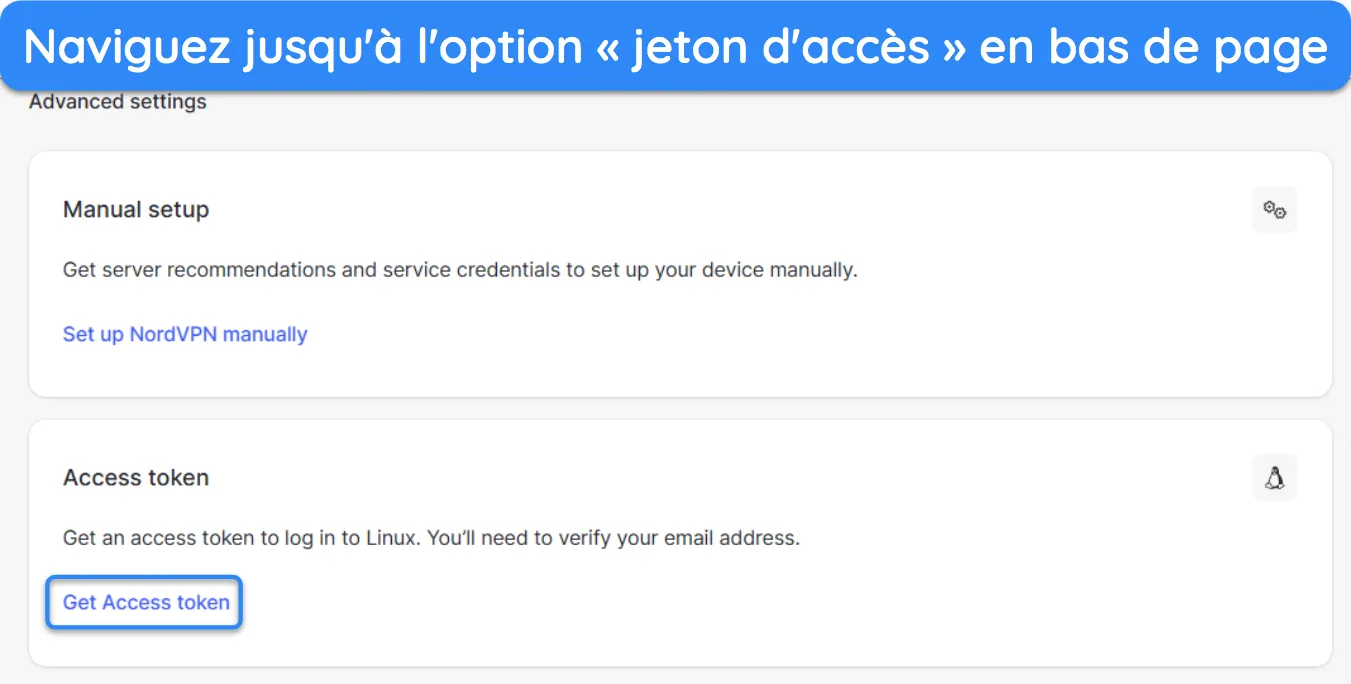 Capture d'&eacute;cran montrant la section du jeton d'acc&egrave;s du portail Web de NordVPN.