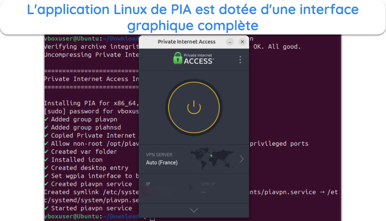 Capture d'&eacute;cran montrant l'interface graphique de PIA sous Linux.