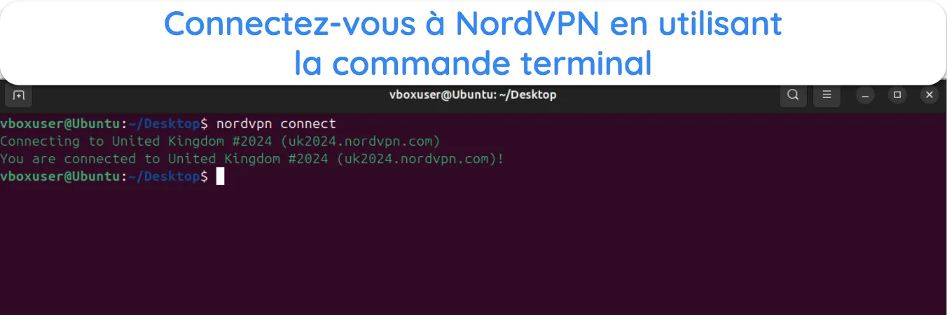Capture d'&eacute;cran montrant comment se connecter &agrave; NordVPN sur Linux apr&egrave;s s'&ecirc;tre connect&eacute;.