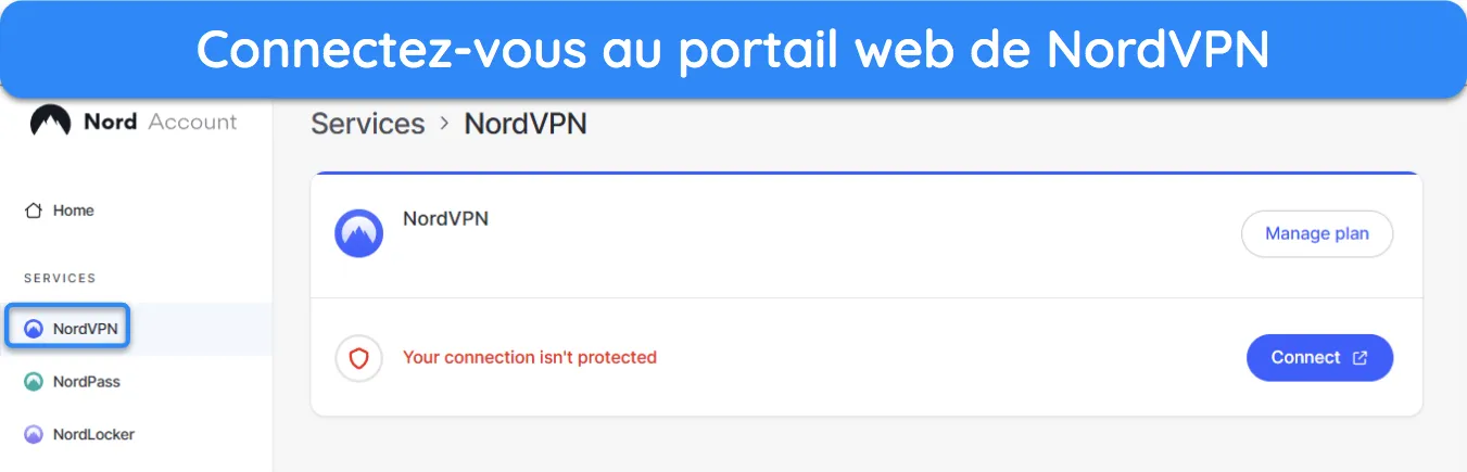 Capture d'&eacute;cran montrant le portail Web de NordVPN.