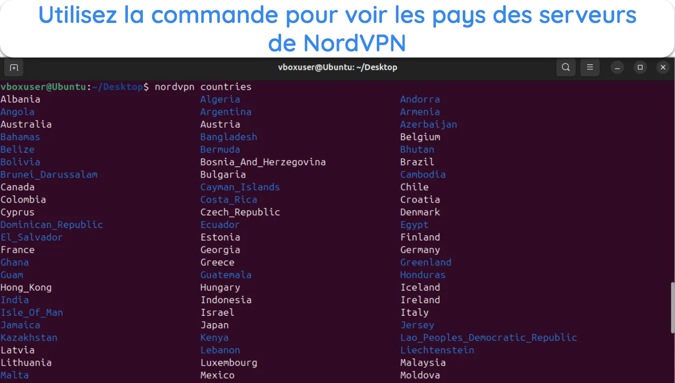 Capture d'&eacute;cran montrant comment voir tous les pays de serveurs NordVPN disponibles sous Linux.
