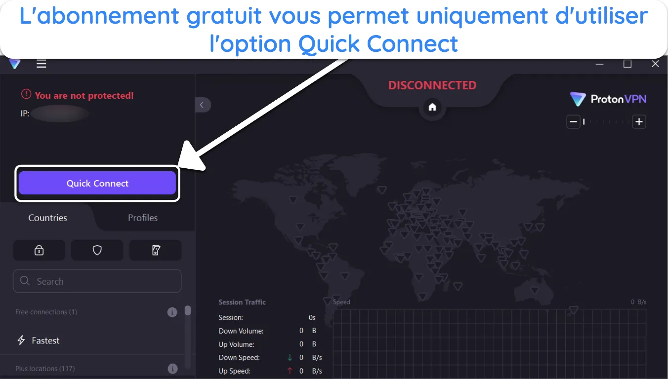 Capture d'&eacute;cran montrant l'option Connexion rapide dans la version gratuite de Proton VPN.