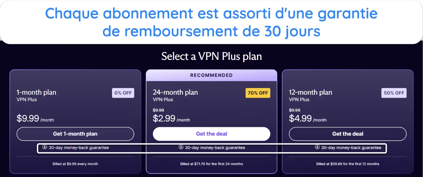 Capture d'&eacute;cran montrant que tous les plans ProtonVPN sont accompagn&eacute;s d'une garantie de remboursement.