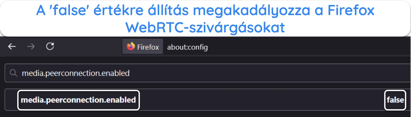 K&eacute;pernyők&eacute;p, amely bemutatja a WebRTC letilt&aacute;s&aacute;t a Firefoxban.