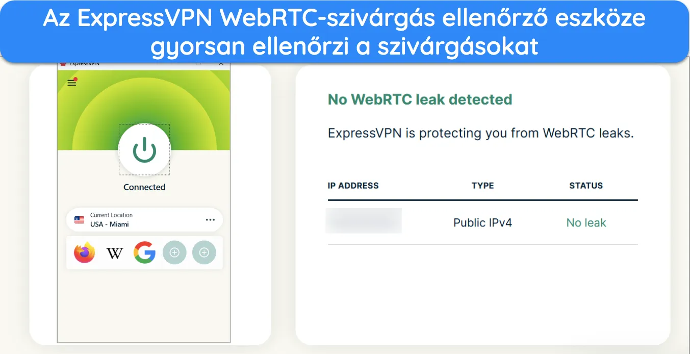 K&eacute;pernyők&eacute;p, amely az ExpressVPN WebRTC sziv&aacute;rg&aacute;steszt eszk&ouml;z&eacute;nek eredm&eacute;nyeit mutatja.