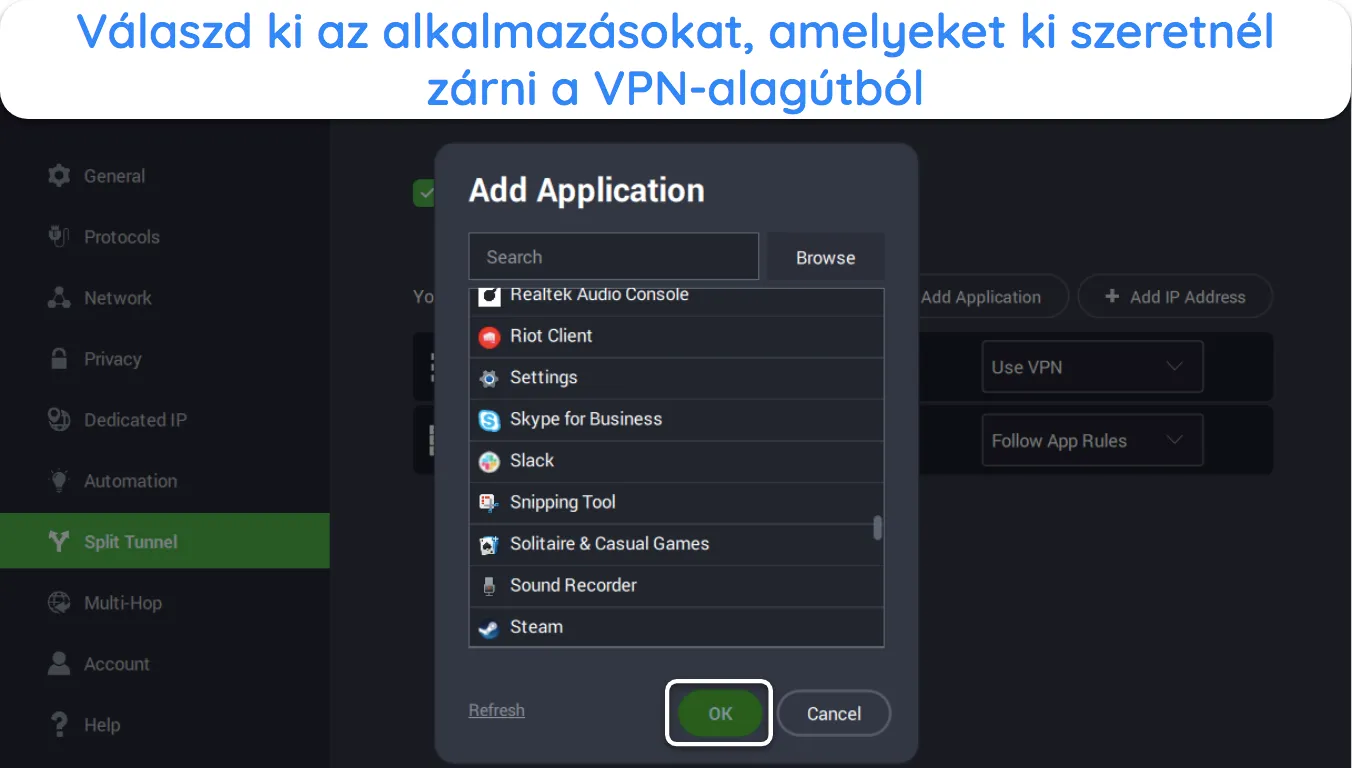 K&eacute;pernyők&eacute;p, amely bemutatja, hogyan v&aacute;lasszunk alkalmaz&aacute;sokat a PIA osztott alag&uacute;tj&aacute;val.