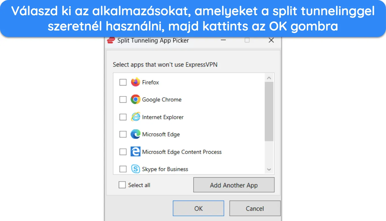 K&eacute;pernyők&eacute;p, amely bemutatja, hogyan v&aacute;lasszunk alkalmaz&aacute;sokat az ExpressVPN osztott alag&uacute;tj&aacute;val.