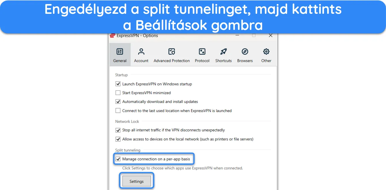 K&eacute;pernyők&eacute;p, amely bemutatja, hogyan enged&eacute;lyezhető az osztott alag&uacute;t az ExpressVPN-ben.