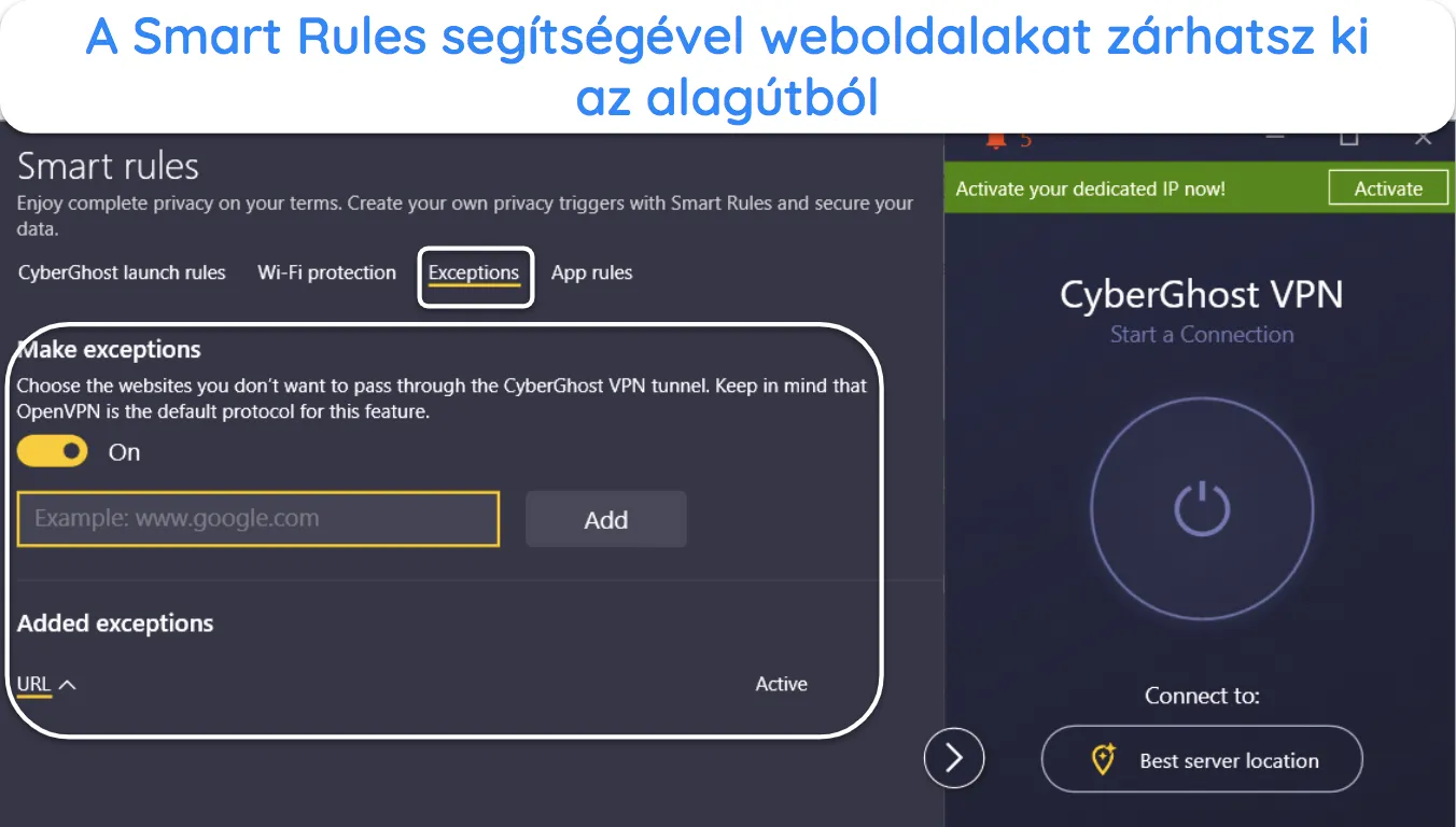 K&eacute;pernyők&eacute;p, amely bemutatja, hogyan teszi lehetőv&eacute; a CyberGhost webhelyek kiz&aacute;r&aacute;s&aacute;t az intelligens szab&aacute;lyok funkci&oacute;j&aacute;val.