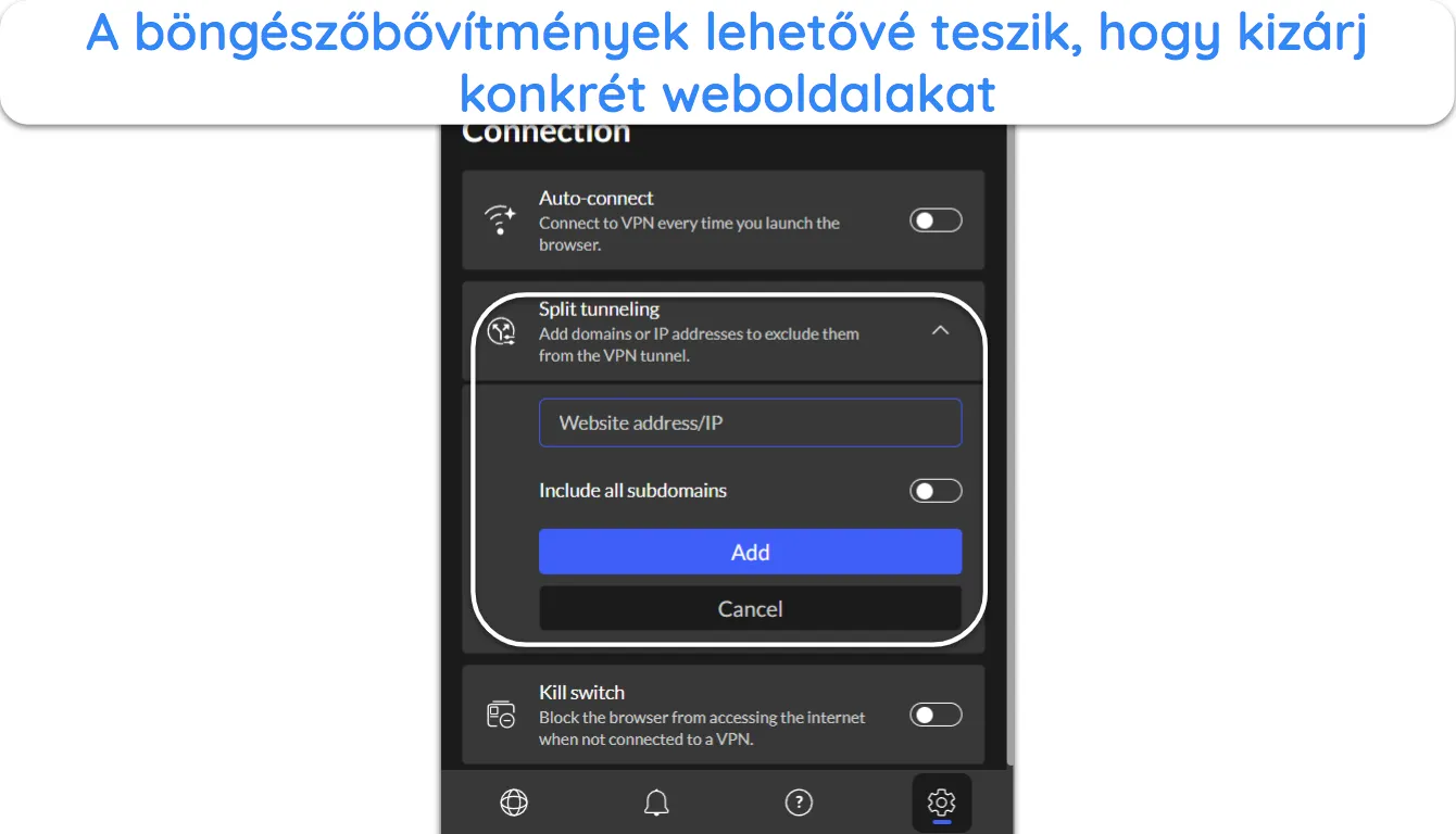 K&eacute;pernyők&eacute;p, amely a NordVPN b&ouml;ng&eacute;szőbőv&iacute;tm&eacute;ny&eacute;nek osztott alag&uacute;t funkci&oacute;j&aacute;t mutatja.
