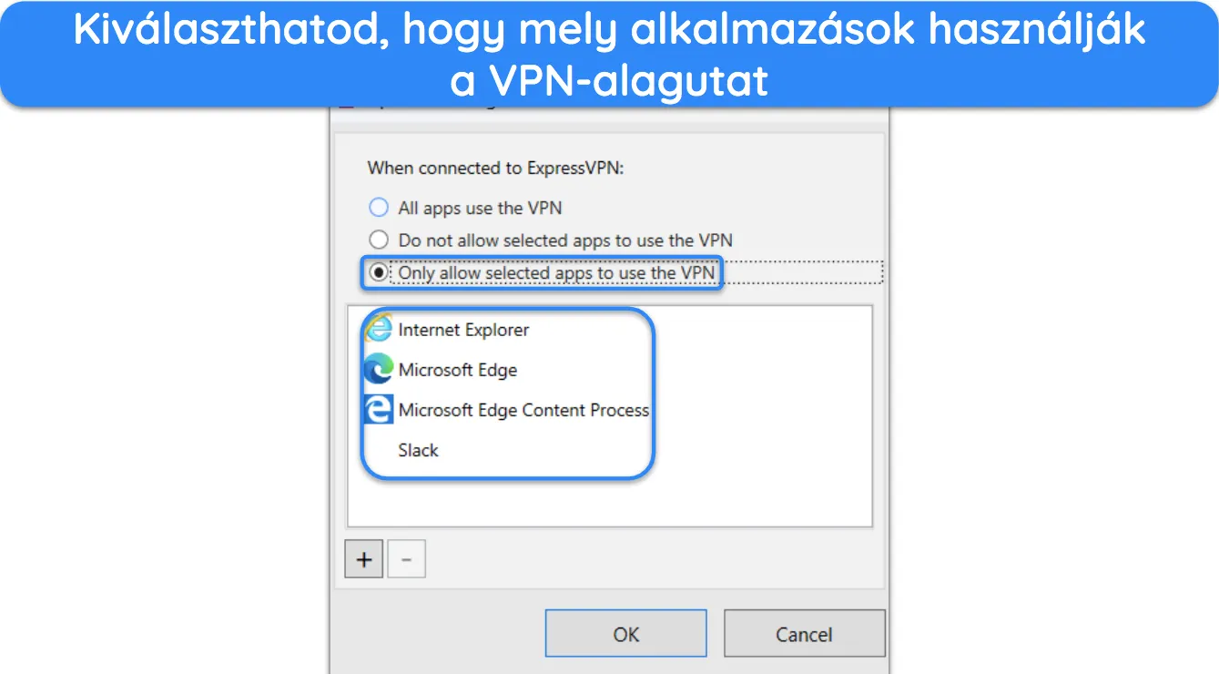 K&eacute;pernyők&eacute;p, amely bemutatja az inverz osztott alag&uacute;t haszn&aacute;lat&aacute;t az ExpressVPN-ben.