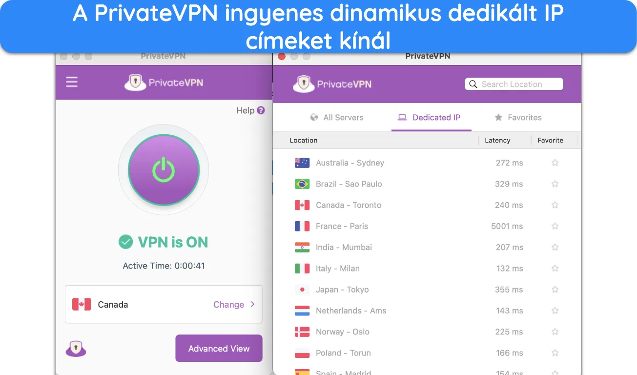 Képernyőkép a PrivateVPN dedikált IP-kiszolgálóiról