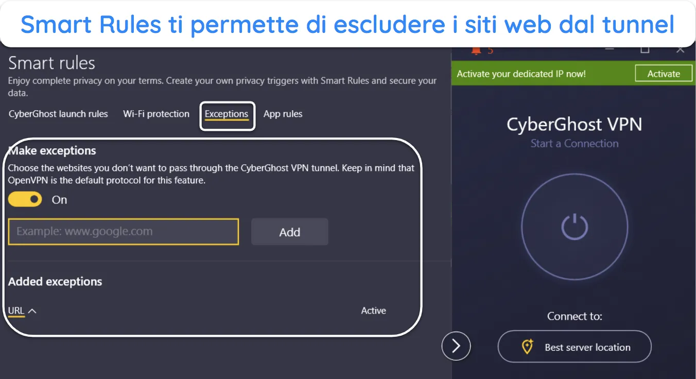 Screenshot che mostra come CyberGhost ti consente di escludere siti Web con la sua funzionalit&agrave; Smart Rules.