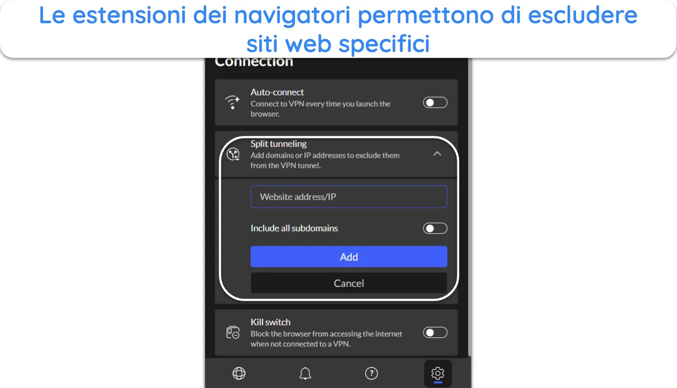 Screenshot che mostra la funzionalit&agrave; di split tunneling nell'estensione del browser di NordVPN.