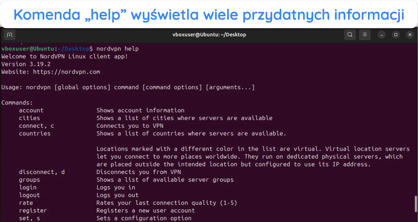 Zrzut ekranu pokazujący, jak zobaczyć r&oacute;żne polecenia terminala dostępne w NordVPN dla systemu Linux.