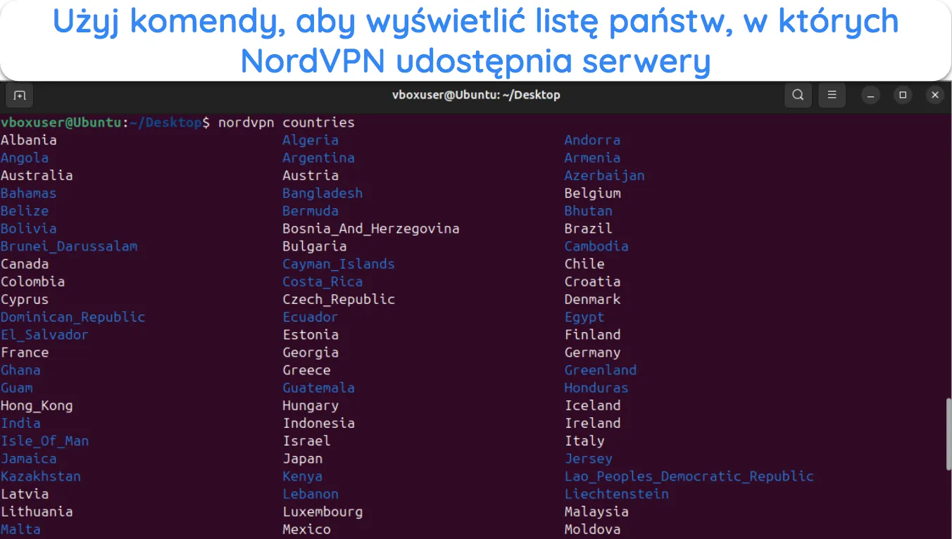 Zrzut ekranu pokazujący, jak zobaczyć wszystkie dostępne kraje serwer&oacute;w NordVPN w systemie Linux.