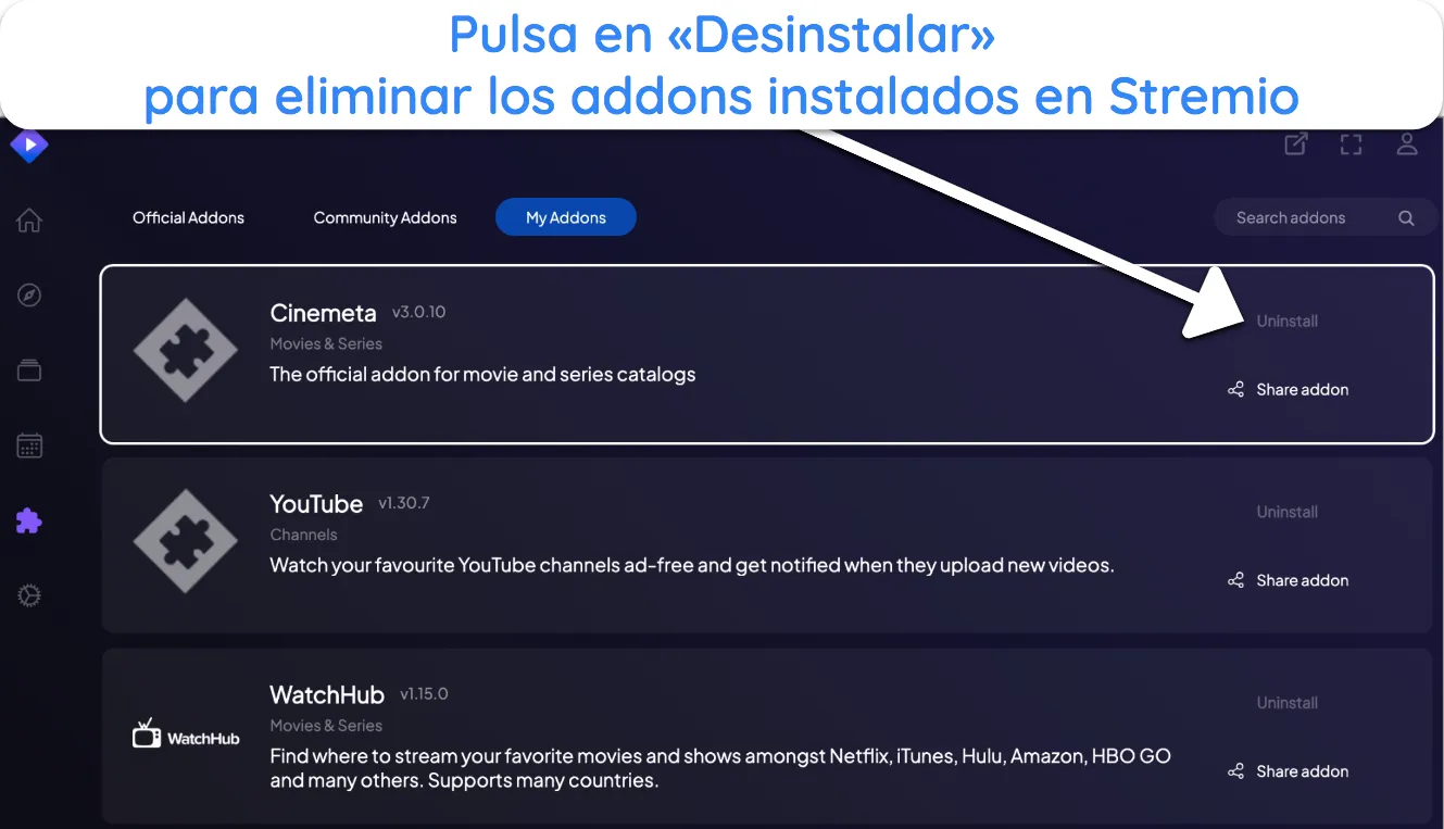 Captura de pantalla de cómo desinstalar un complemento de Stremio.