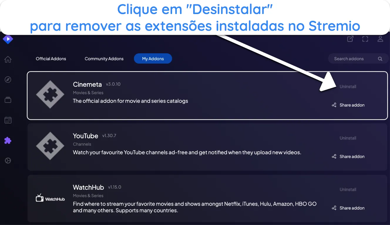 Captura de tela de como desinstalar um addon do Stremio.