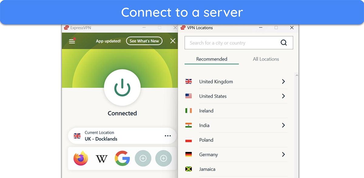Screenshot showing ExpressVPN connected to a server in the UK