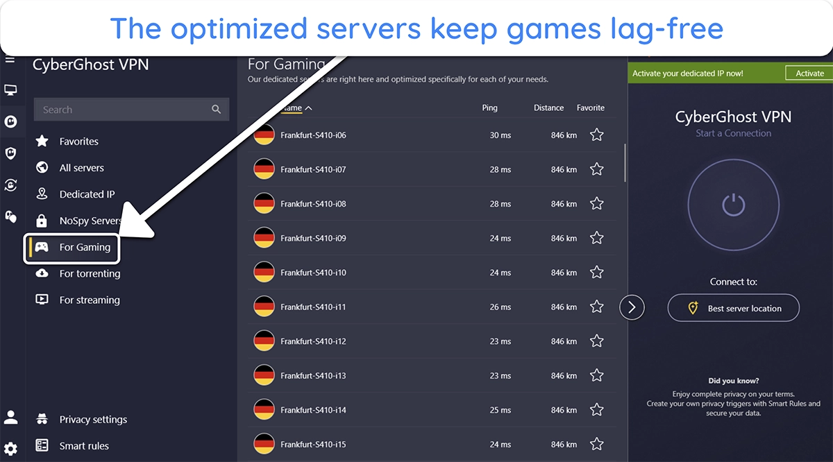 Screenshot showing CyberGhost's gaming-optimized servers in the Windows app