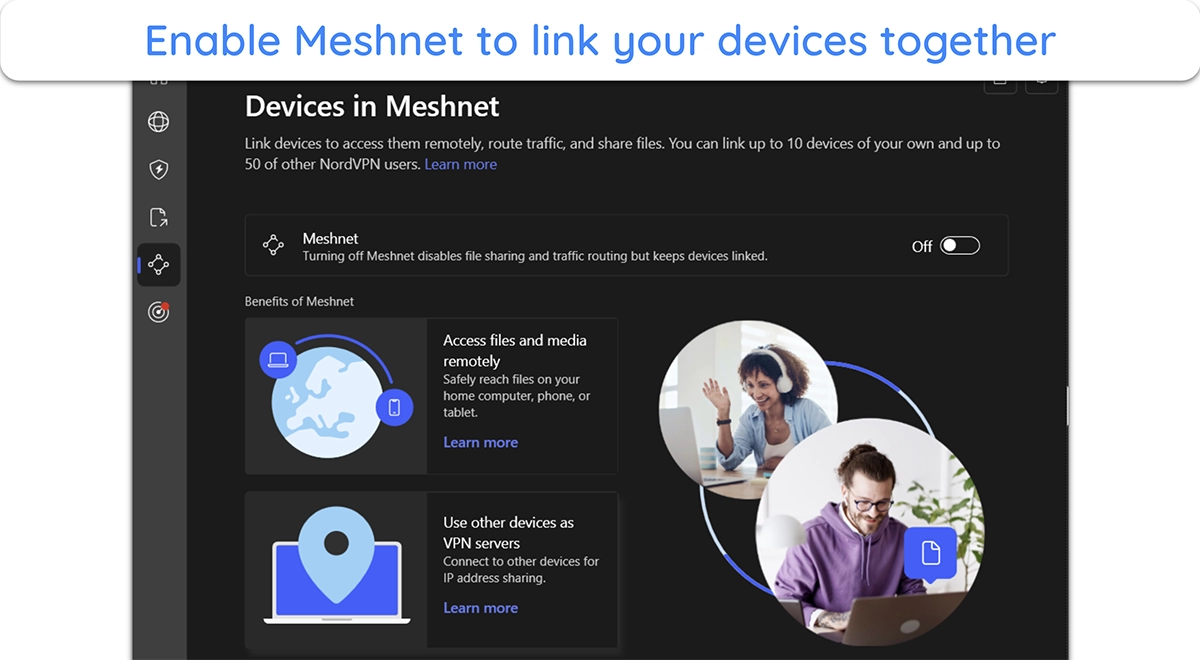 Screenshot showing the Meshnet feature in NordVPN's Windows app