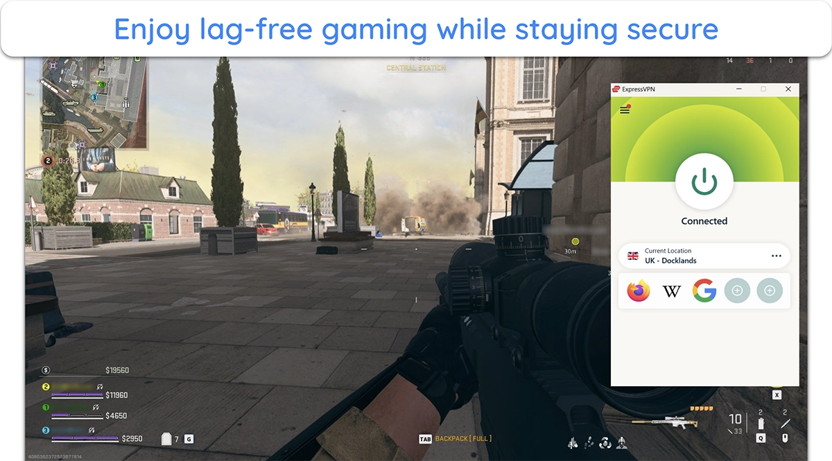 Screenshot showing Call of Duty: Warzone running smoothly while connected to an ExpressVPN server