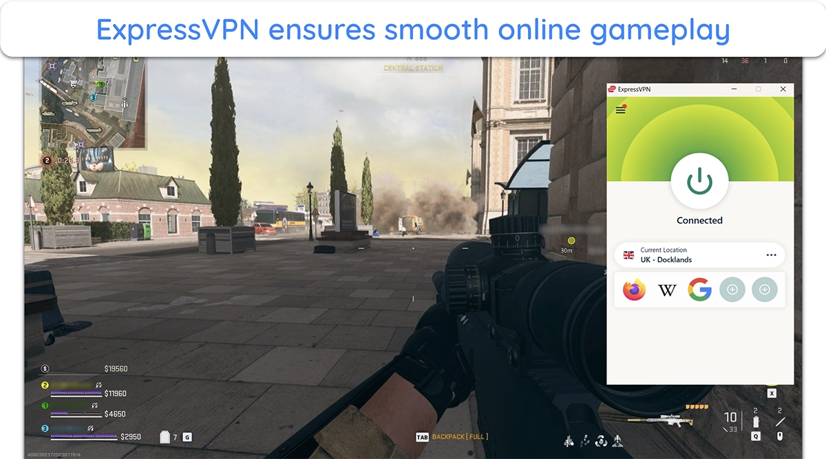 Screenshot of ExpressVPN providing a smooth connection for lag-free Call of Duty: Warzone gameplay