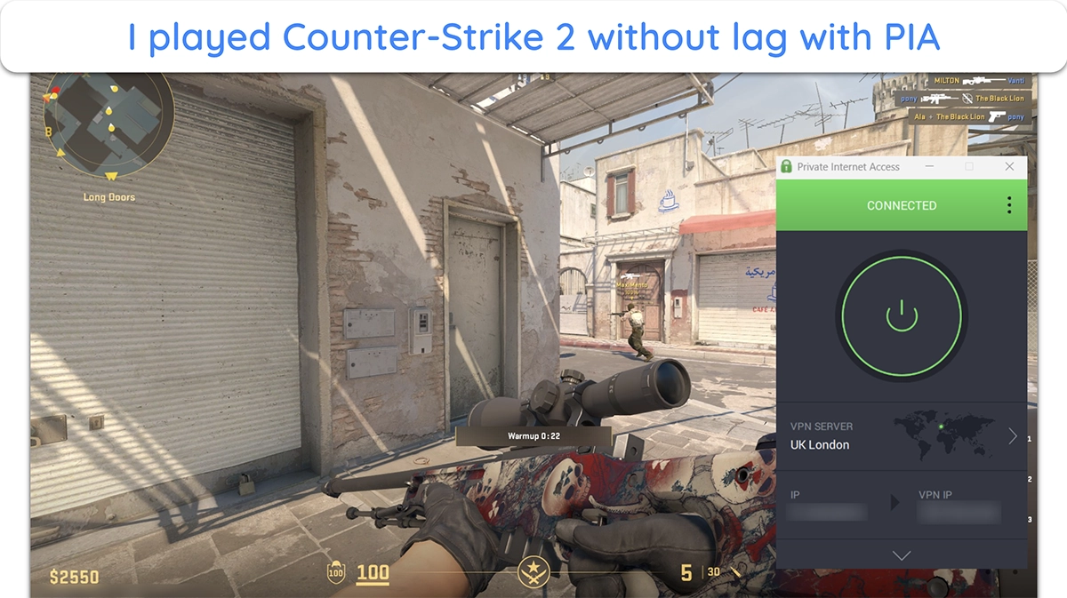 Screenshot showing Counter Strike 2 running smoothly while connected to a nearby PIA server