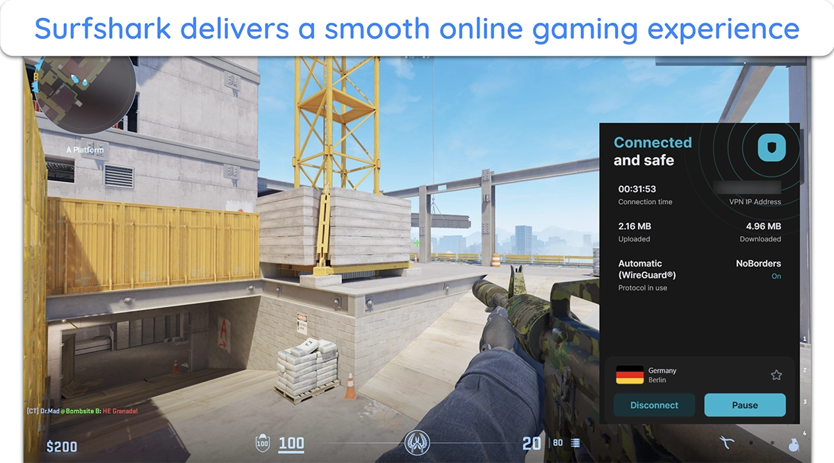 Screenshot showing Counter Strike 2 running smoothly while connected to a Surfshark server in Germany