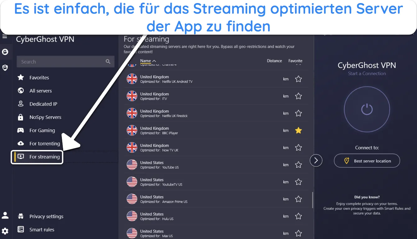 Screenshot, der zeigt, wie man in der CyberGhost-App auf die f&uuml;r Streaming optimierten Server zugreift.