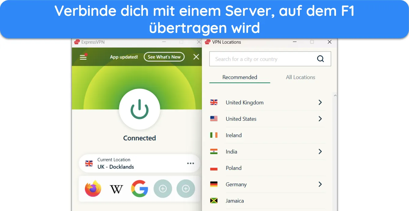 Screenshot, der zeigt, wie ExpressVPN mit einem Land verbunden ist, in dem F1-Rennen live &uuml;bertragen werden.