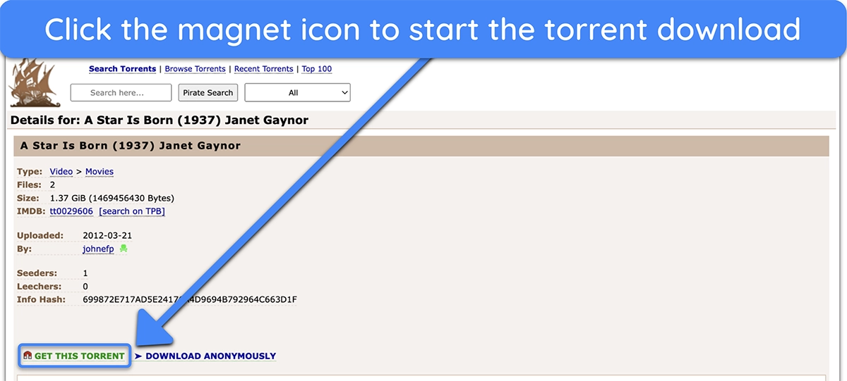 Zrzut ekranu pokazujący łącze magnet pliku torrent w The Pirate Bay.