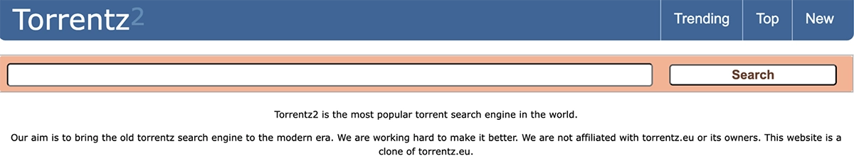 K&eacute;pernyők&eacute;p a Torrentz2 kezdőlapj&aacute;r&oacute;l.