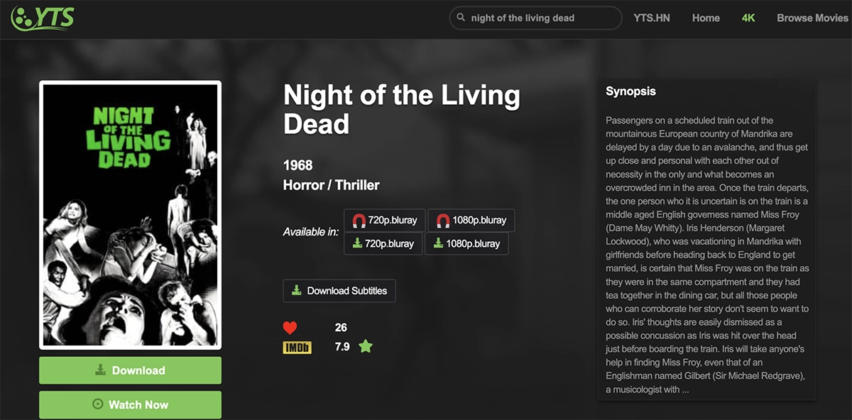 K&eacute;pernyők&eacute;p az YTS honlapj&aacute;r&oacute;l, amely a Night of the Living Dead torrent f&aacute;jl keres&eacute;si eredm&eacute;ny&eacute;t mutatja.